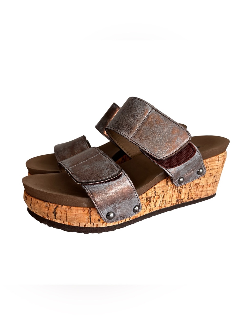 Corkys Wedge Sandals Size 6 Platform Metallic Taupe Brown Cork Summer Casual NEW